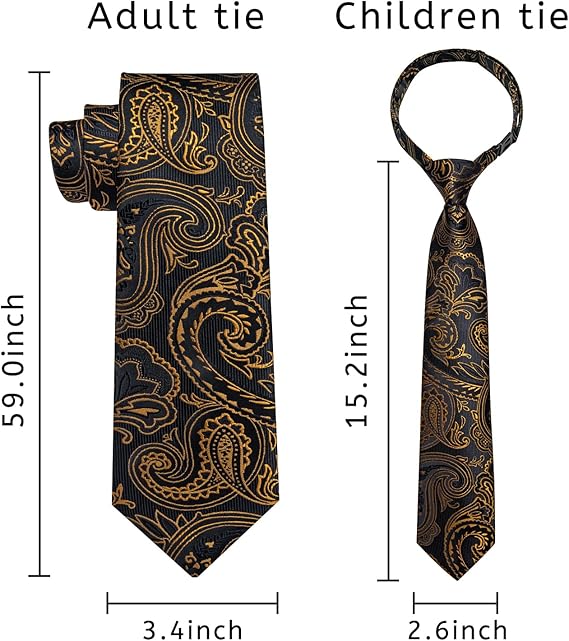 2PCS Set for Father and Son Tie Silk Mens and Boys Adjustable Necktie & Pocket Square Cufflinks Kids Pre-tied Necktie(Black Gold Paisley)