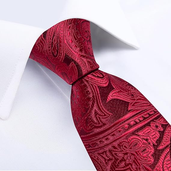 Silk Floral Ties for Men Woven Paisley Necktie and Tie Clip Handkerchief Cufflinks Set for Party Wedding(Burgundy)