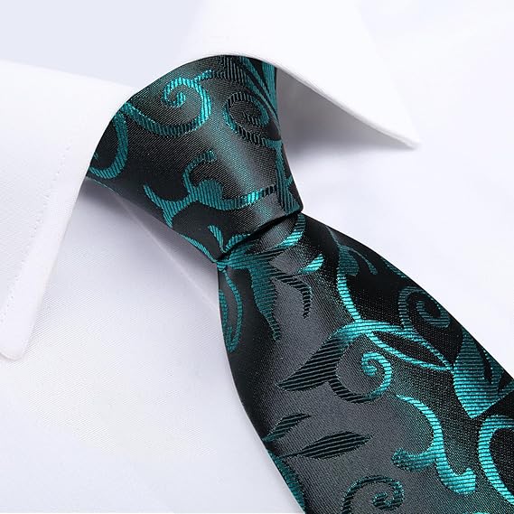Silk Floral Ties for Men Woven Paisley Necktie and Tie Clip Handkerchief Cufflinks Set for Party Wedding(Black and Teal)