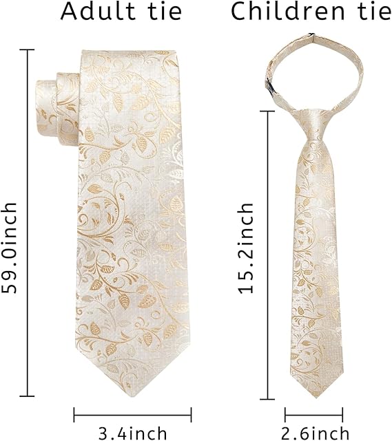 2PCS Set for Father and Son Tie Silk Mens and Boys Adjustable Necktie & Pocket Square Cufflinks Kids Pre-tied Necktie(Champagne Floral)