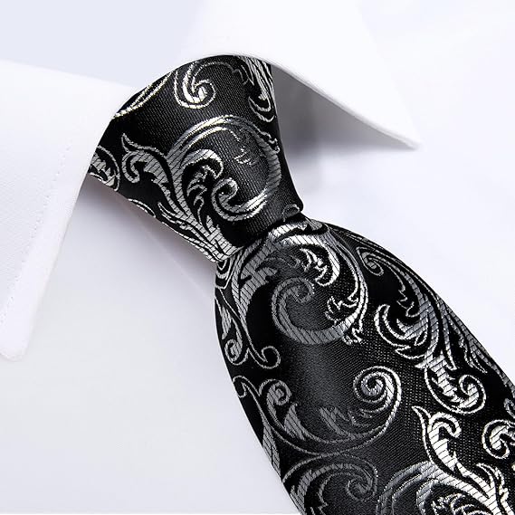 Silk Floral Ties for Men Woven Paisley Necktie and Tie Clip Handkerchief Cufflinks Set for Party Wedding(Black and Silver)