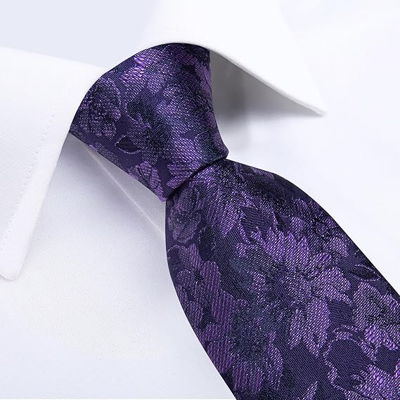 Silk Floral Ties for Men Woven Paisley Necktie and Tie Clip Handkerchief Cufflinks Set for Party Wedding(Purple)