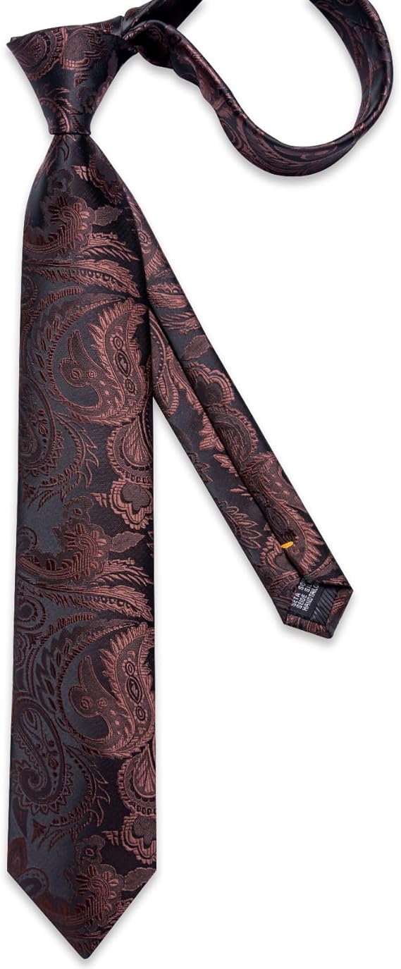 Silk Floral Ties for Men Woven Paisley Necktie and Tie Clip Handkerchief Cufflinks Set for Party Wedding(Brown Paisley)
