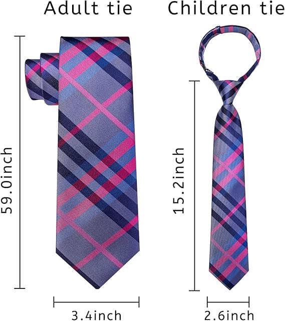 2PCS Set for Father and Son Tie Silk Mens and Boys Adjustable Necktie & Pocket Square Cufflinks Kids Pre-tied Necktie(Blue and Hot Pink)