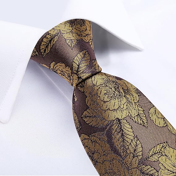 Silk Floral Ties for Men Woven Paisley Necktie and Tie Clip Handkerchief Cufflinks Set for Party Wedding(Brown and Yellow)