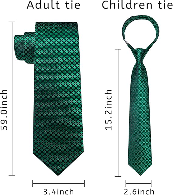 2PCS Set for Father and Son Tie Silk Mens and Boys Adjustable Necktie & Pocket Square Cufflinks Kids Pre-tied Necktie(Emerald Green Plaid)