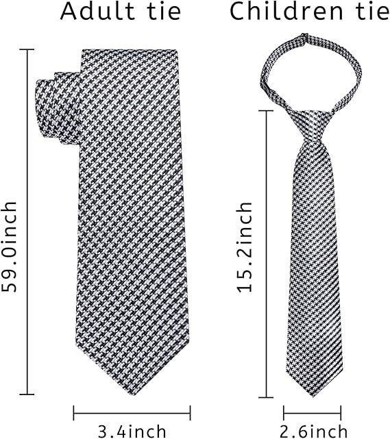 2PCS Set for Father and Son Tie Silk Mens and Boys Adjustable Necktie & Pocket Square Cufflinks Kids Pre-tied Necktie(Black and White Plaid)
