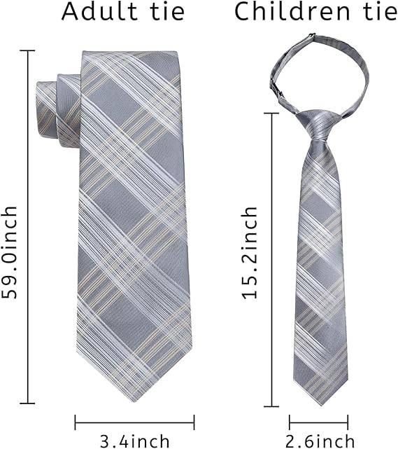 2PCS Set for Father and Son Tie Silk Mens and Boys Adjustable Necktie & Pocket Square Cufflinks Kids Pre-tied Necktie(Grey Plaid)