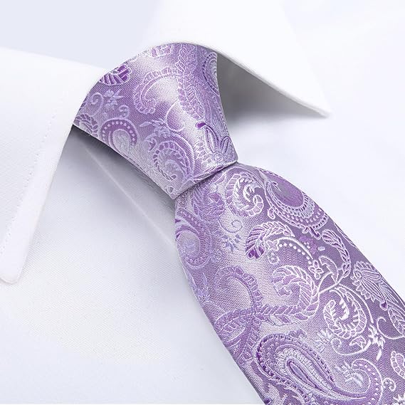 Silk Floral Ties for Men Woven Paisley Necktie and Tie Clip Handkerchief Cufflinks Set for Party Wedding(Lavender Purple)