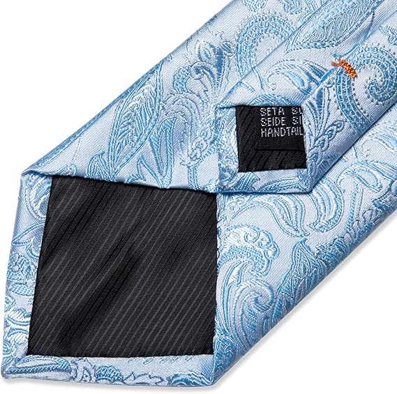Silk Floral Ties for Men Woven Paisley Necktie and Tie Clip Handkerchief Cufflinks Set for Party Wedding(Light Blue Paisley)
