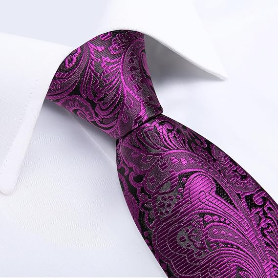 Silk Floral Ties for Men Woven Paisley Necktie and Tie Clip Handkerchief Cufflinks Set for Party Wedding(Magenta)
