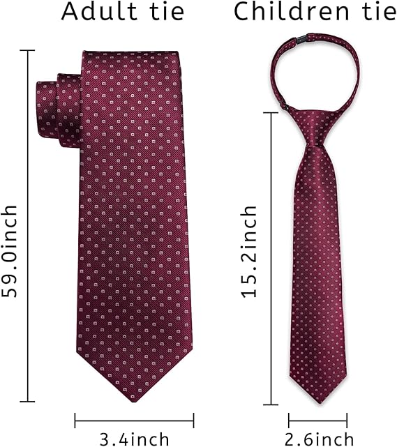 2PCS Set for Father and Son Tie Silk Mens and Boys Adjustable Necktie & Pocket Square Cufflinks Kids Pre-tied Necktie(Burgundy Dots)