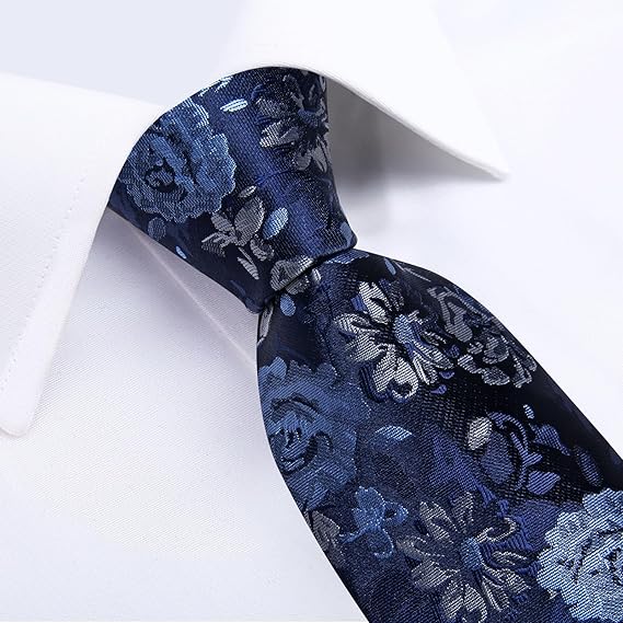 Silk Floral Ties for Men Woven Paisley Necktie and Tie Clip Handkerchief Cufflinks Set for Party Wedding(Navy Blue)
