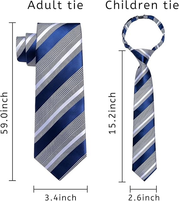 2PCS Set for Father and Son Tie Silk Mens and Boys Adjustable Necktie & Pocket Square Cufflinks Kids Pre-tied Necktie(Blue and Grey Striped)