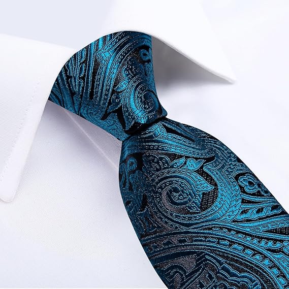 Silk Floral Ties for Men Woven Paisley Necktie and Tie Clip Handkerchief Cufflinks Set for Party Wedding(Teal and Black)