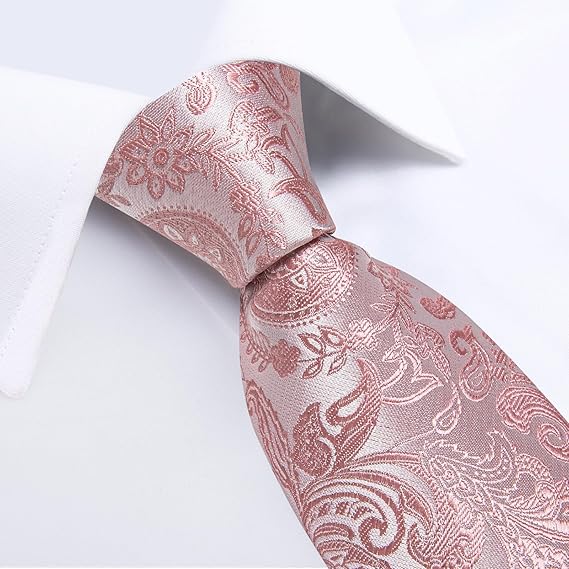 Silk Floral Ties for Men Woven Paisley Necktie and Tie Clip Handkerchief Cufflinks Set for Party Wedding(Blush Pink Paisley)
