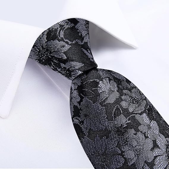 Silk Floral Ties for Men Woven Paisley Necktie and Tie Clip Handkerchief Cufflinks Set for Party Wedding(Black and Grey)