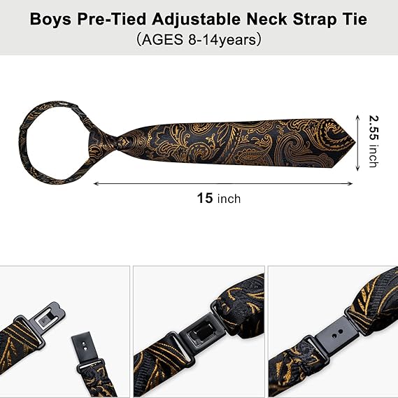 2PCS Set for Father and Son Tie Silk Mens and Boys Adjustable Necktie & Pocket Square Cufflinks Kids Pre-tied Necktie(Black Gold Paisley)