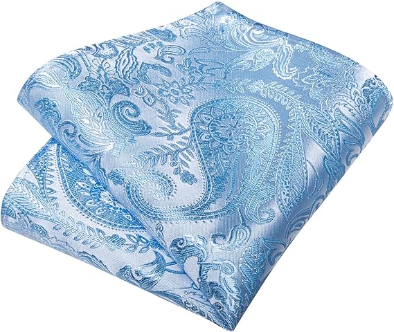 Silk Floral Ties for Men Woven Paisley Necktie and Tie Clip Handkerchief Cufflinks Set for Party Wedding(Light Blue Paisley)