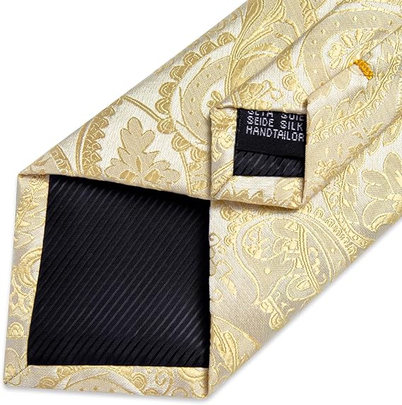 Silk Floral Ties for Men Woven Paisley Necktie and Tie Clip Handkerchief Cufflinks Set for Party Wedding( Light Yellow Paisley)