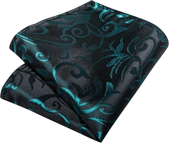 Silk Floral Ties for Men Woven Paisley Necktie and Tie Clip Handkerchief Cufflinks Set for Party Wedding(Black and Teal)