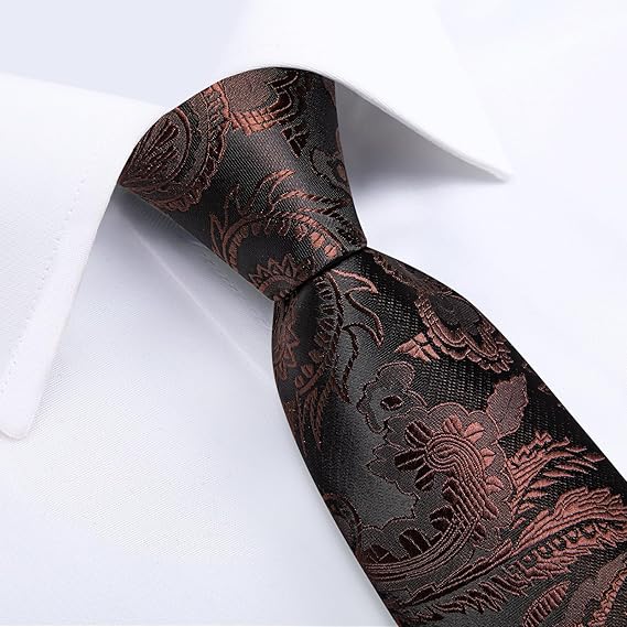 Silk Floral Ties for Men Woven Paisley Necktie and Tie Clip Handkerchief Cufflinks Set for Party Wedding(Brown Paisley)