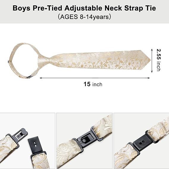 2PCS Set for Father and Son Tie Silk Mens and Boys Adjustable Necktie & Pocket Square Cufflinks Kids Pre-tied Necktie(Champagne Floral)