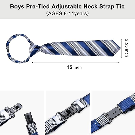 2PCS Set for Father and Son Tie Silk Mens and Boys Adjustable Necktie & Pocket Square Cufflinks Kids Pre-tied Necktie(Blue and Grey Striped)
