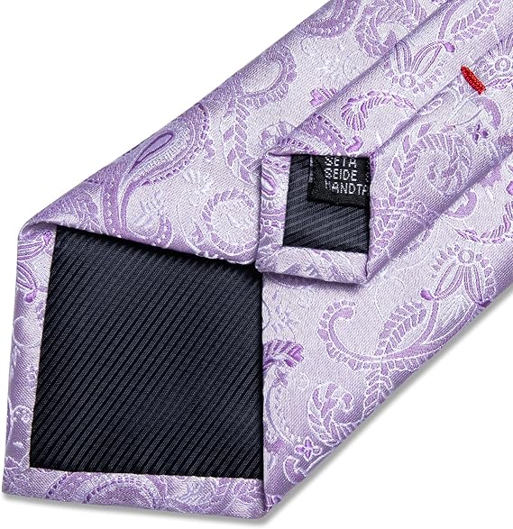 Silk Floral Ties for Men Woven Paisley Necktie and Tie Clip Handkerchief Cufflinks Set for Party Wedding(Lavender Purple)