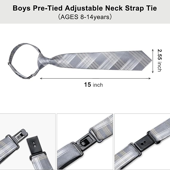 2PCS Set for Father and Son Tie Silk Mens and Boys Adjustable Necktie & Pocket Square Cufflinks Kids Pre-tied Necktie(Grey Plaid)
