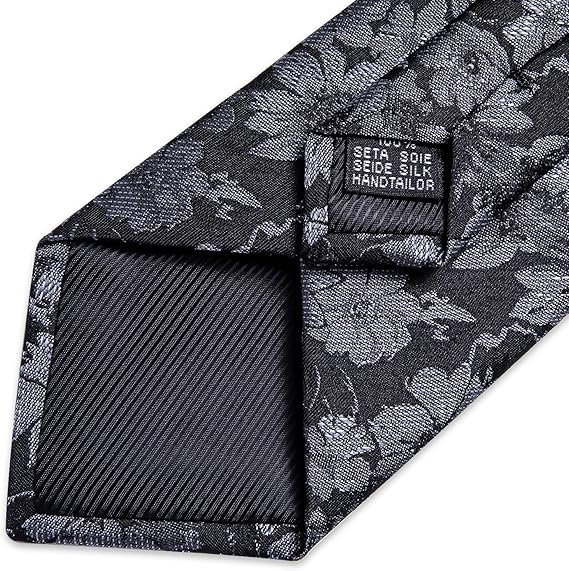 Silk Floral Ties for Men Woven Paisley Necktie and Tie Clip Handkerchief Cufflinks Set for Party Wedding(Black and Grey)