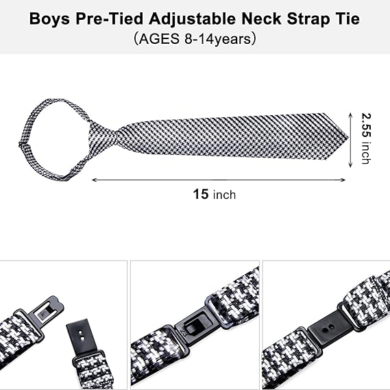 2PCS Set for Father and Son Tie Silk Mens and Boys Adjustable Necktie & Pocket Square Cufflinks Kids Pre-tied Necktie(Black and White Plaid)