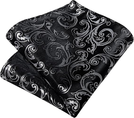 Silk Floral Ties for Men Woven Paisley Necktie and Tie Clip Handkerchief Cufflinks Set for Party Wedding(Black and Silver)