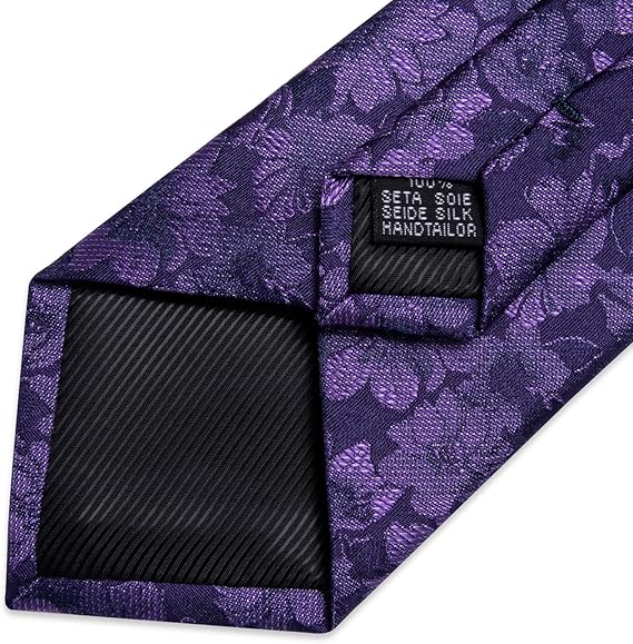 Silk Floral Ties for Men Woven Paisley Necktie and Tie Clip Handkerchief Cufflinks Set for Party Wedding(Purple)