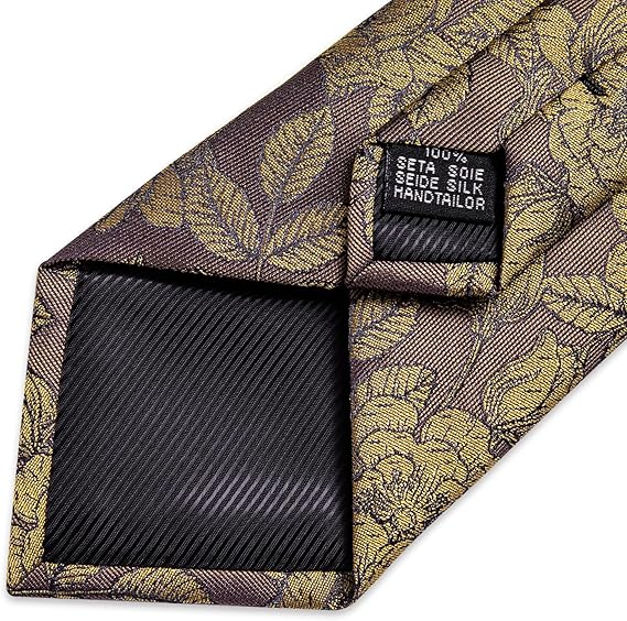 Silk Floral Ties for Men Woven Paisley Necktie and Tie Clip Handkerchief Cufflinks Set for Party Wedding(Brown and Yellow)