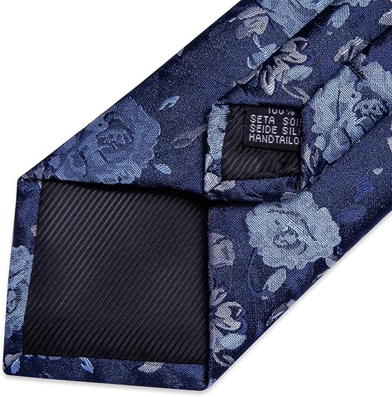 Silk Floral Ties for Men Woven Paisley Necktie and Tie Clip Handkerchief Cufflinks Set for Party Wedding(Navy Blue)