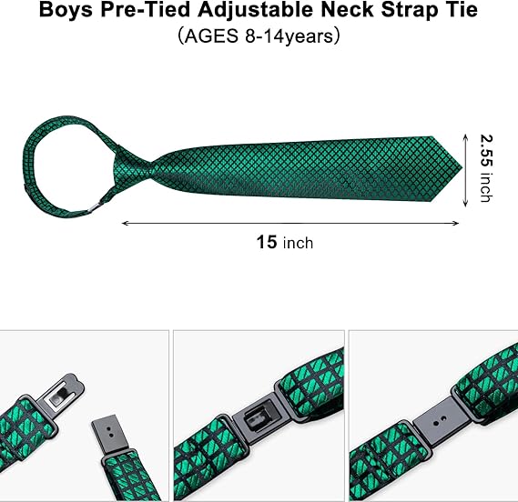 2PCS Set for Father and Son Tie Silk Mens and Boys Adjustable Necktie & Pocket Square Cufflinks Kids Pre-tied Necktie(Emerald Green Plaid)