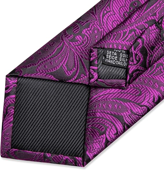 Silk Floral Ties for Men Woven Paisley Necktie and Tie Clip Handkerchief Cufflinks Set for Party Wedding(Magenta)