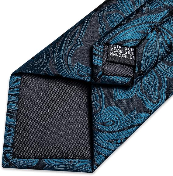 Silk Floral Ties for Men Woven Paisley Necktie and Tie Clip Handkerchief Cufflinks Set for Party Wedding(Teal and Black)