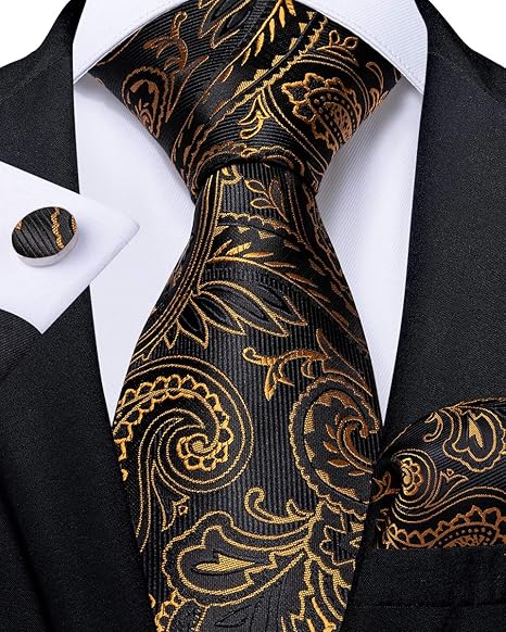 2PCS Set for Father and Son Tie Silk Mens and Boys Adjustable Necktie & Pocket Square Cufflinks Kids Pre-tied Necktie（Black Gold Paisley）