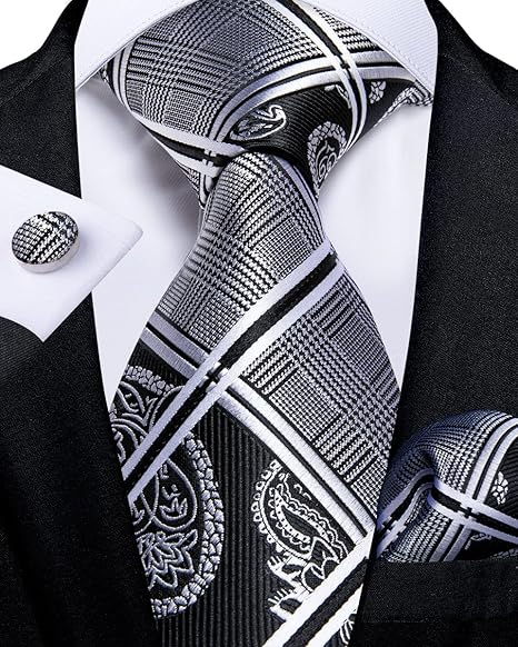 2PCS Set for Father and Son Tie Silk Mens and Boys Adjustable Necktie & Pocket Square Cufflinks Kids Pre-tied Necktie（Black and White）