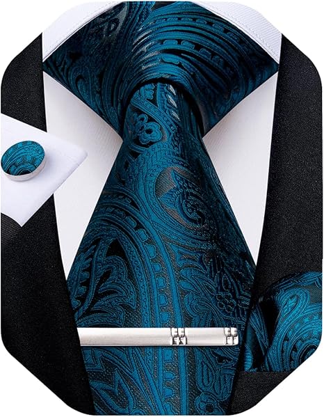 Silk Floral Ties for Men Woven Paisley Necktie and Tie Clip Handkerchief Cufflinks Set for Party Wedding（Teal and Black）