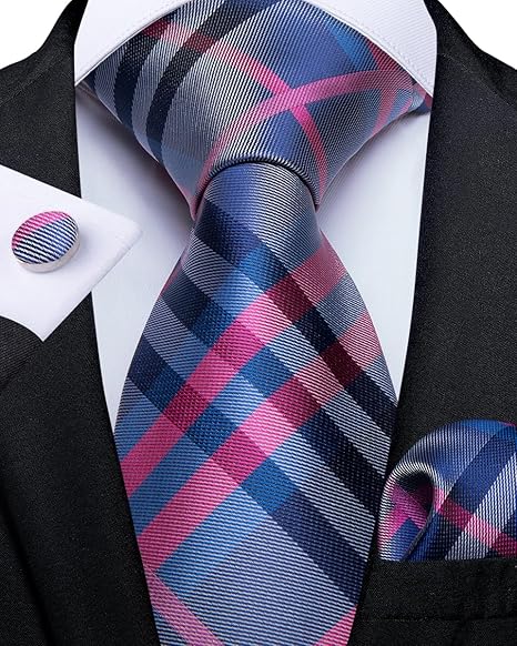 2PCS Set for Father and Son Tie Silk Mens and Boys Adjustable Necktie & Pocket Square Cufflinks Kids Pre-tied Necktie（Blue and Hot Pink）