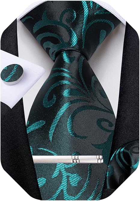 Silk Floral Ties for Men Woven Paisley Necktie and Tie Clip Handkerchief Cufflinks Set for Party Wedding（Black and Teal）