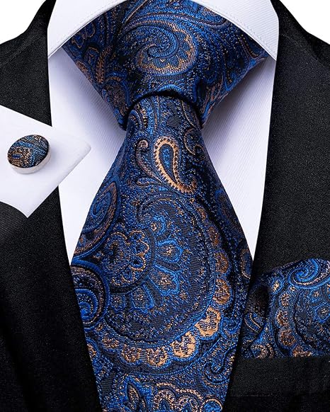 2PCS Set for Father and Son Tie Silk Mens and Boys Adjustable Necktie & Pocket Square Cufflinks Kids Pre-tied Necktie（Blue Paisley）