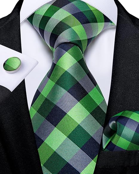2PCS Set for Father and Son Tie Silk Mens and Boys Adjustable Necktie & Pocket Square Cufflinks Kids Pre-tied Necktie（Green and Blue Plaid）