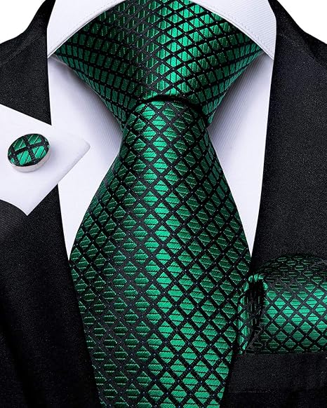 2PCS Set for Father and Son Tie Silk Mens and Boys Adjustable Necktie & Pocket Square Cufflinks Kids Pre-tied Necktie（Emerald Green Plaid）
