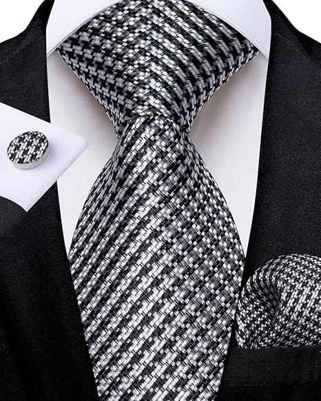 2PCS Set for Father and Son Tie Silk Mens and Boys Adjustable Necktie & Pocket Square Cufflinks Kids Pre-tied Necktie（Black and White Plaid）