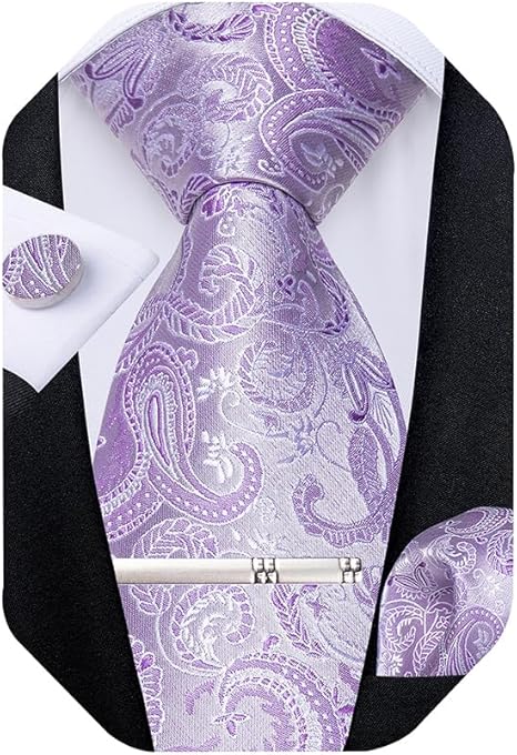 Silk Floral Ties for Men Woven Paisley Necktie and Tie Clip Handkerchief Cufflinks Set for Party Wedding（Lavender Purple）