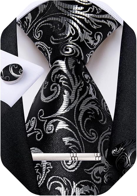 Silk Floral Ties for Men Woven Paisley Necktie and Tie Clip Handkerchief Cufflinks Set for Party Wedding（Black and Silver）